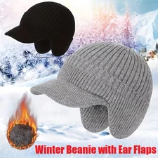 Warm Stretch Knitted Hat Winter Beanie with Brim and Ear Flaps Caps for Men Gift