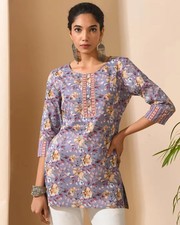 Indian Women Purple Floral Cotton Printed Kurta Kurti Top Tunic New Dress