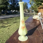 Fenton Silk Custard glass hand painted bud vase Pink Flowers 10 3/4 Inch Signed