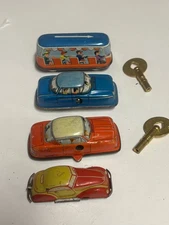 (3) TECHNOFIX CAR TIN WIND UP TOYS 1950s GERMANY + ONE EXTRA & 2 KEYS