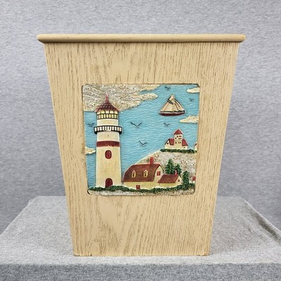 Coastal Nautical Lighthouse Trash Can Waste Bin 3D Relief Beach House Decor 1990