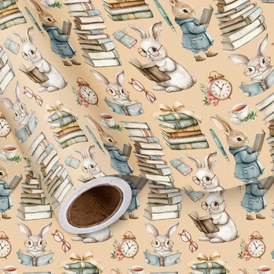 Rabbit Bookish Wrapping Paper, Vintage Sweet Bunny Reading Book Literary Gift...