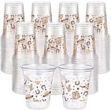 100 Pcs Western Plastic Cups 12 oz Clear Disposable Plastic Cowboy Cowgirl Dr...
