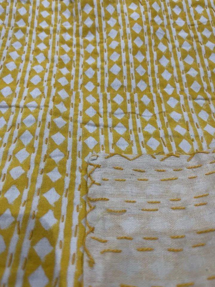 Indian Kantha Quilt Bedspread Bedding Throw Cotton Blanket Hand Block King Size - Image 3 of 4