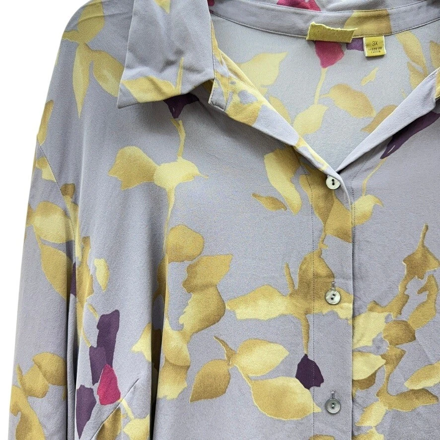 Blusa de seda otoño floral camisa con botones manga larga para mujer 3X informal oficina Foto 3 de 4