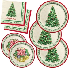 Christmas Party Supplies Kit 50 Tree Paper Plates Napkins Disposable Tableware 
