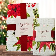 Christmas Tablecloth Twig  Twine Fabric Oblong Holiday Napkins Poinsettias Red