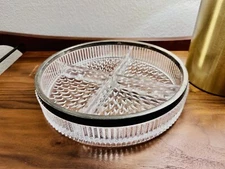 Vintage English Silver Plated Pressed Glass Cut Divided Relish Compote Dish 9.5"