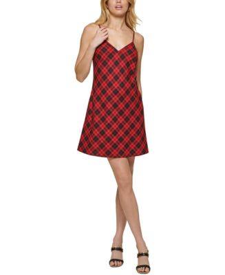 Dkny Womens Plaid Mini Slip Dress, Black/Scarlet
