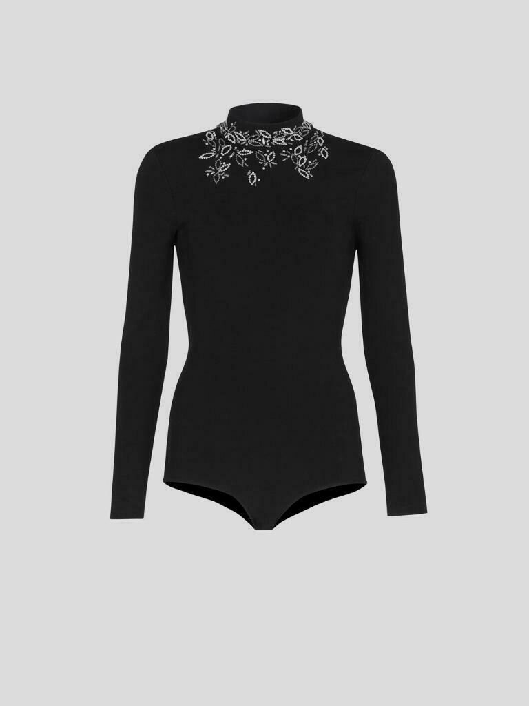 $1990 Givenchy Women's Black Solid Long Sleeve Crystal Neck Bodysuit Size  Small