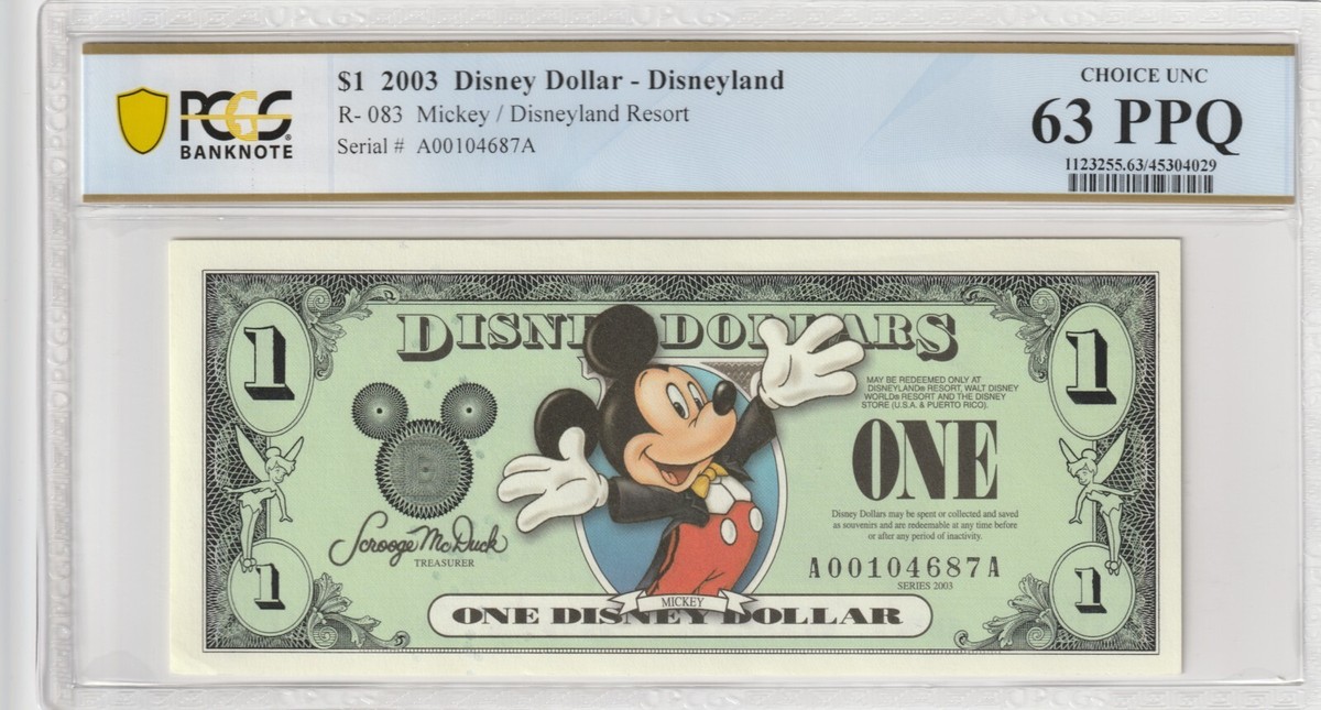 ディズニーダラー Disney Dollar 2003 Certified PCGS Banknote UNC 63 PPQ Mickey
