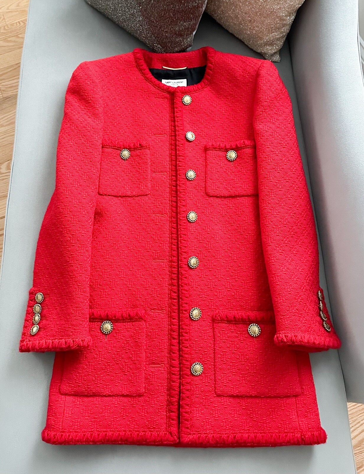 Cappotto con bottoni Saint Laurent Diamante In rilievo Tweed Dettaglio Intreccia Oro Rosso YSL