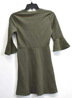 Boohoo Womens Solid Olive Green Bell Sleeve Crew Neck Casual A Line Dress 2  | eBay