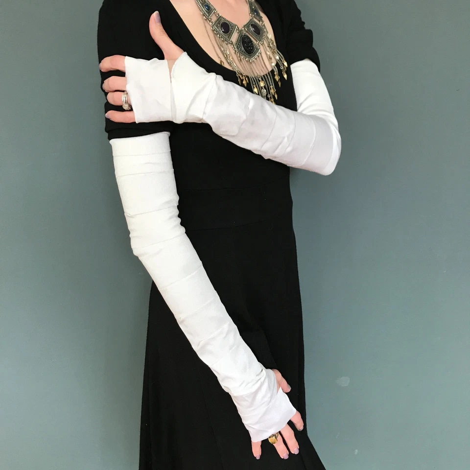 Cut Out Gloves White Arm Warmers Striped Bride Arm Sleeves Lace Up Mummy Costume - Image 3 of 4