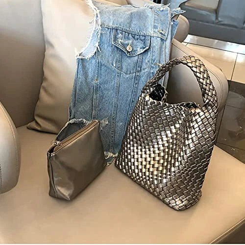 Bolsos de cuero tejido para mujer anudados para mujer bolso de mano diseñador hombro plateado Foto 3 de 4