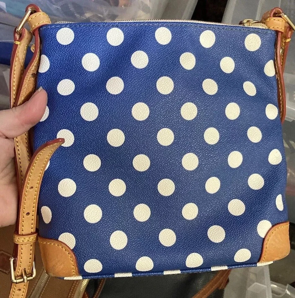 Dooney Bourke Blue White Polka Dot & Leather Crossbody Letter Carrier Bag - Image 2 of 4