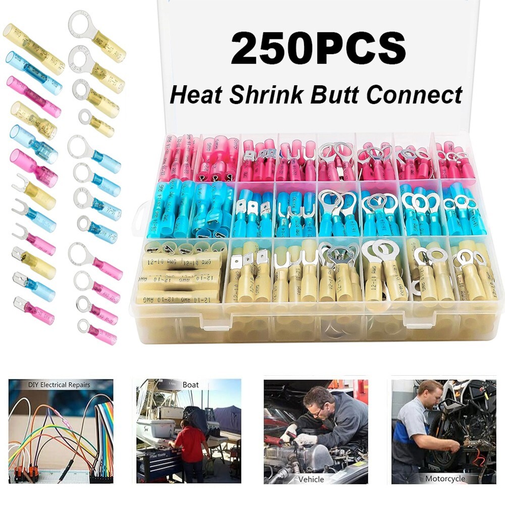 250x Heat Shrink Wire Connectors Electrical Ring Fork Spade Crimp Terminals Kit