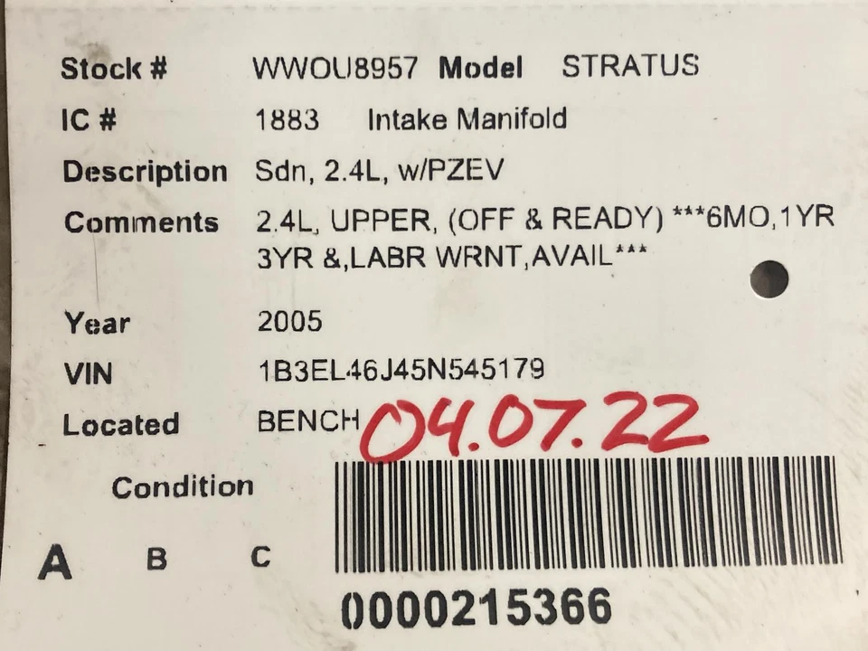 Used Engine Intake Manifold fits: 2005 Dodge Stratus Sdn 2.4L w/PZEV Grade A Foto 4 de 4