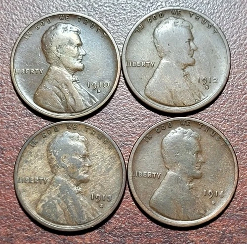(4) Better Date Lincoln Wheat Cents 1910-S 1912-S 1913-S 1914-S Good-Fine