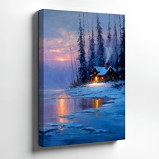 Wall Art Winter Cabin Landscape Print Snowy Lake Sunset Rustic Forest Decor