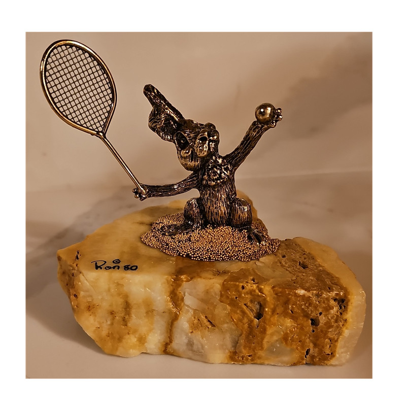 Unique Bronze Rabbit Tennis Figurine Signed Ron 1980 Sculpture on Stone Base