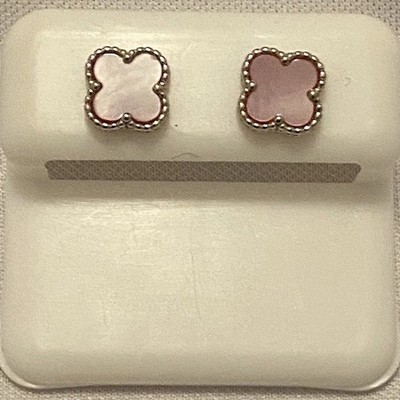 Pink Opal Silver Clover Stud Earrings Set Metal Butterfly Closure for Lobe