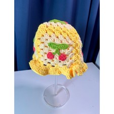 NEW Crochet Bucket Hat Womens Yellow Cherry Granny Square Ruffle Cottagecore