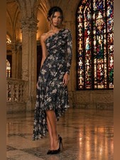ZARA One Shoulder Floral Asymmetrical Midi Dress Black Mesh Romantic Chic Sz M