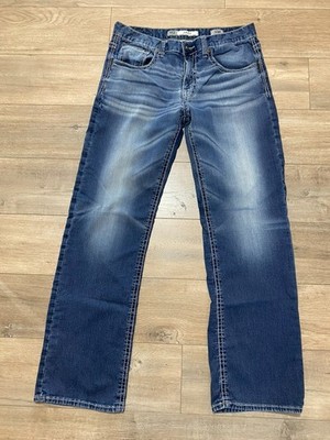 BKE Buckle Jake Mens 33X32 Thick Stitch Blue Denim Jeans Whiskers Stretch 33R