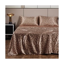 AiMay 4 Piece Queen Size Satin Bed Sheet Set Deep Pocket Golden Leo... Fast Ship