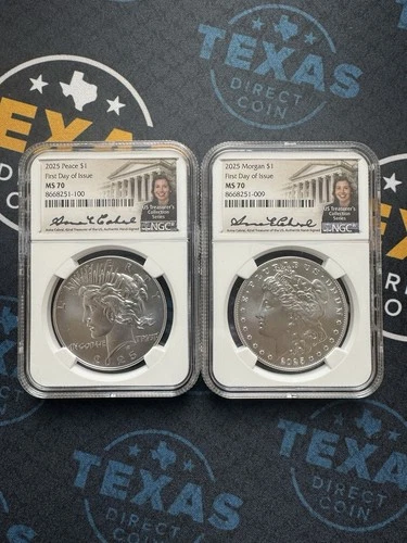 2025 $1 SILVER PEACE & MORGAN DOLLAR NGC MS70 First Day of Issue CABRAL SIGNED