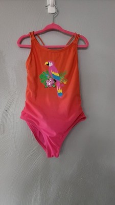 Primark Girls One-Piece Swimsuit 5-6Y Orange Pink Parrot Graphic Cross-Back