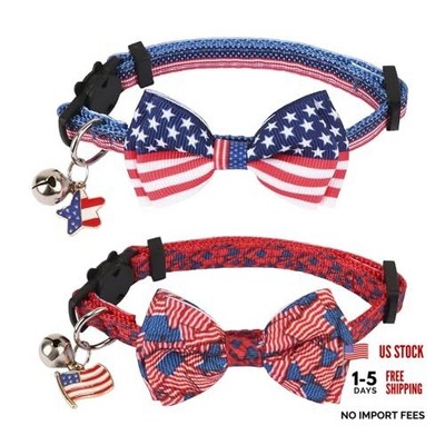 Red Blue Cat Collar with Bow Bell - American Flag - Breakaway Pet Bowtie Collar
