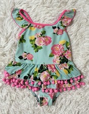 Betsey Johnson Preppy Floral Pom Pom Trim One Piece Skirt Swimsuit Pink Girls 4