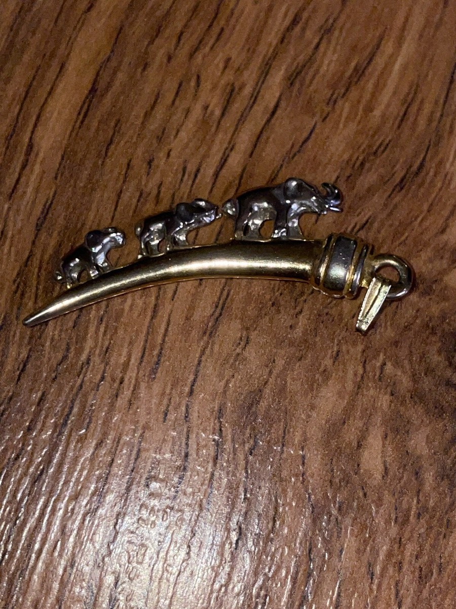 Vintage Silver & Gold Tone Three Elephant On A Horn Pendant  display picture 3
