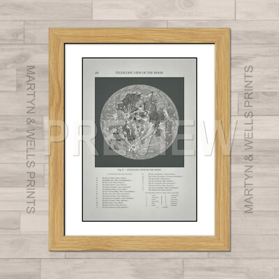 Vintage Mondkarte gerahmter Druck: Repro. 400x325mm. Strukturiertes Leinwandpapier.