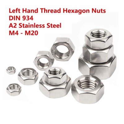 Hex Full Nut Left Hand Thread Hexagon Nuts DIN 934 Stainless Steel A2 M4 - M20