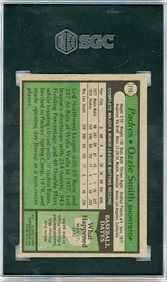 1979 Topps Ozzie Smith SGC 5 EX Graded Rookie Card RC 116 San Diego