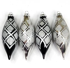 Vintage Rauch Blown Glass Teardrop Ornaments x4 Black Silver Hand Painted 4.5"