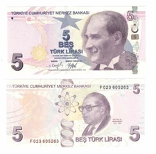 2022 Turkey 5 Turkish Lira Banknote P222 f Prefix F UNC