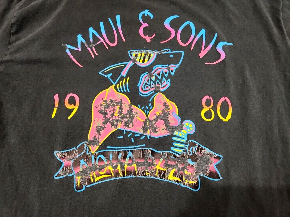 Vintage Maui & Sons 1980 Aloha Daze Sharkman T-Shirt Size XL Faded Black Gray - Image 3 of 4