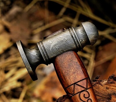 Ball Peen Hammer with Forged Damascus Steel Head Wooden Handle