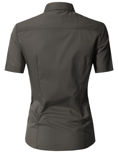 Womens Button Down Shirt Basic SLIM FIT Simple Short Sleeve Collared S010 - Picture 30 of 95