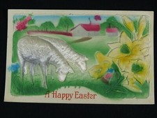 Antique Postcard Heavy Embossed Happy Easter Sheep Yellow Flowers B7557