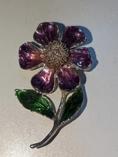 Beautiful Silvertone Purple & Green Enamel Large 2.75" FLOWER Brooch Pin
