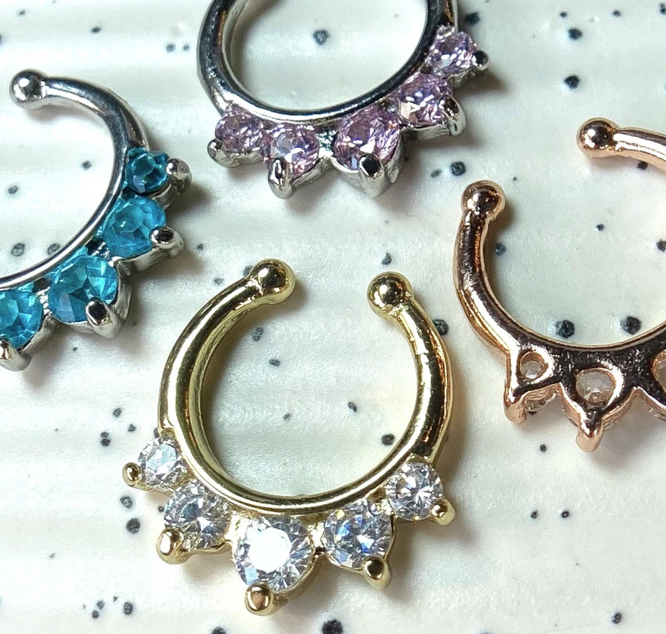 Anillo de nariz falso con clip para colgar tabique gemas pavimentadas de cinco gemas no perforantes de 1 pieza Foto 4 de 4