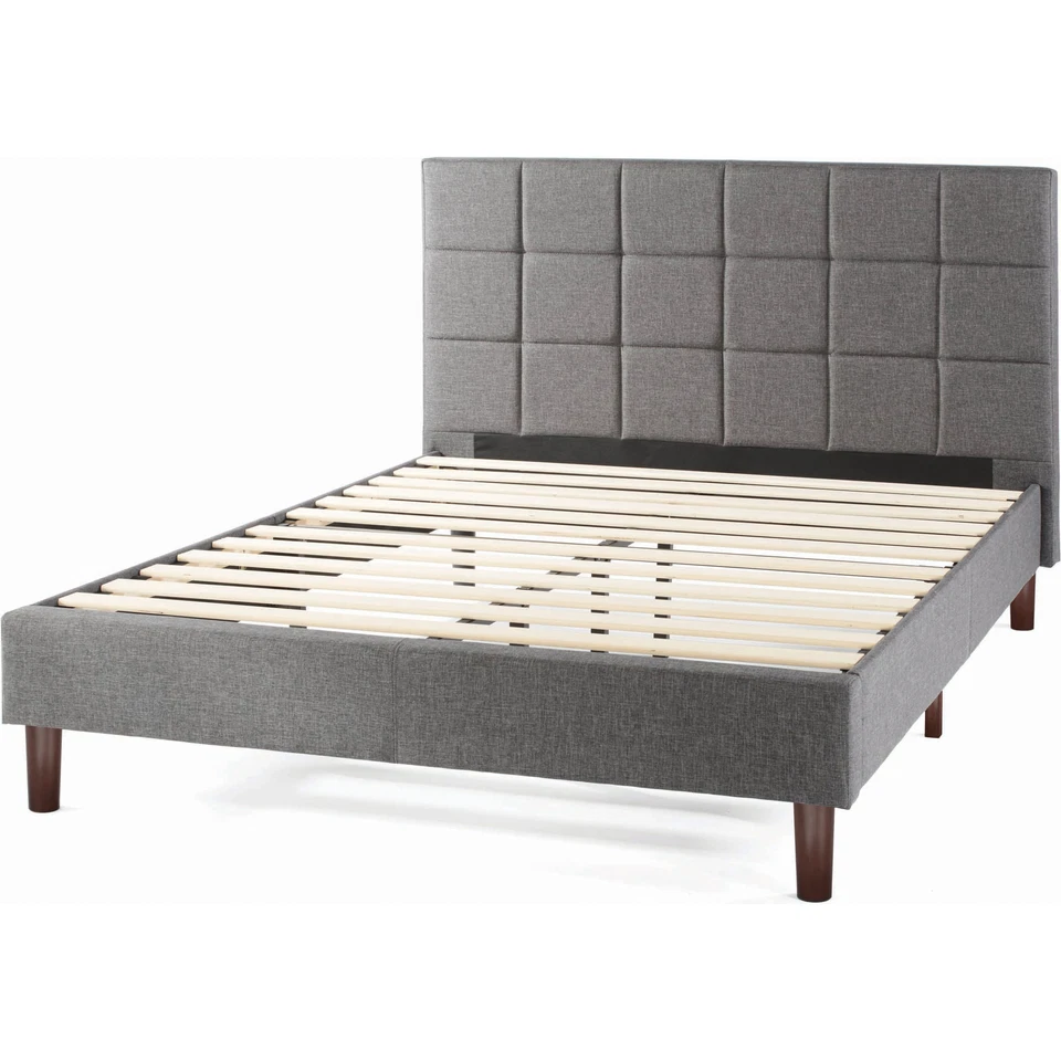 Cama plataforma tapizada de tela gris tamaño queen hogar salón dormitorio muebles Foto 3 de 4