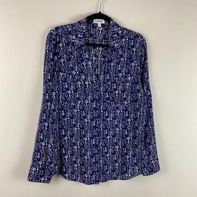 Express Blue Button Up Portofino Top Shirt Size Large Skeleton Key Career Office