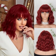 Short Red Wigs for Women with Bangs Wine Red Wavy Curly Bob Wig