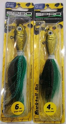 Lot of 2 Spro Prime Bucktail Jigs 4 & 6oz Grn Shad Freshwater Saltwater Fishing 